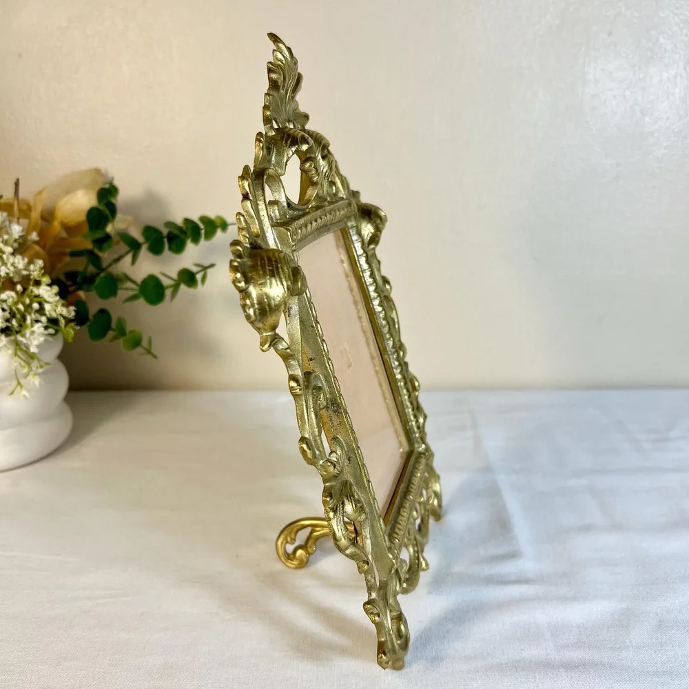 Vintage Rococo Style Heavy Gold Ornate Iron Picture Frame with Glass | 4x6 Photo